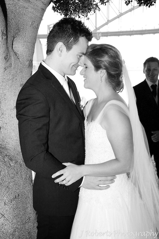 B&W of couple connecting foreheads - wedding photography sydney